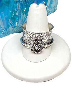 Flower Meditation Spinner Ring Size 10.5 925 Sterling Silver Overlay